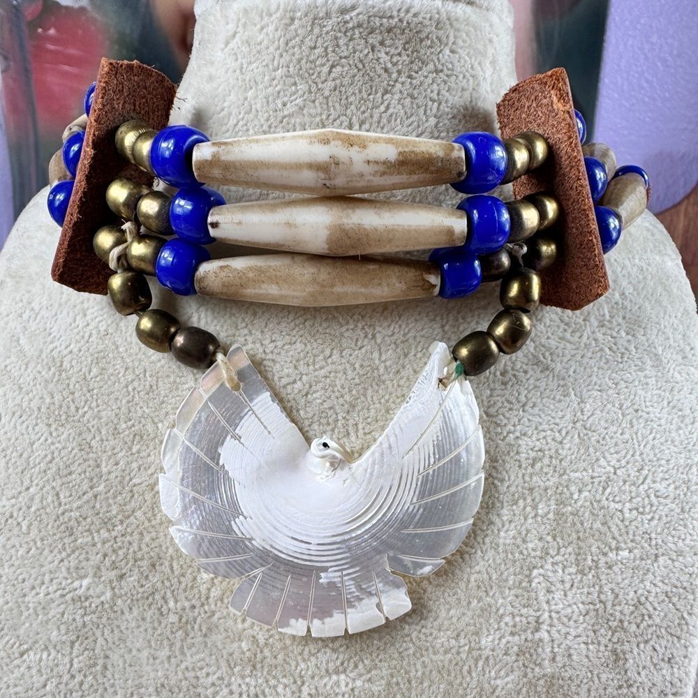 Vintage Carved Mother Of Pearl Thunderbird Choker Necklace